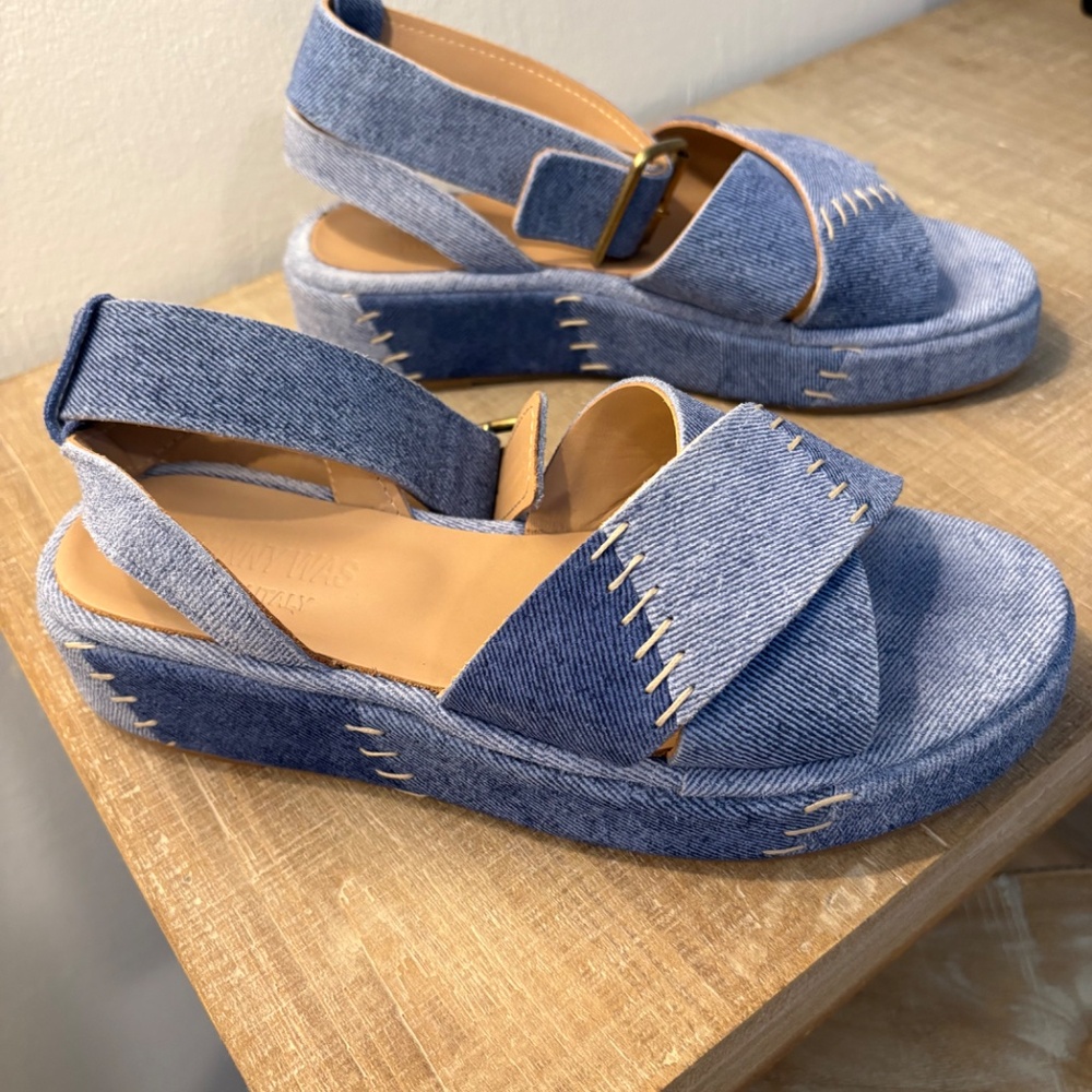 Johnny Was PATCHWORK LEATHER JEAN PLATFORM SANDAL sz 38 - Picture 9 of 11